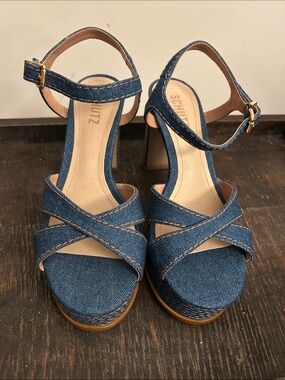 SCHUTZ Denim Crisscross Ankle-Strap Platform Sandals